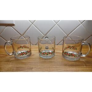 Set of 3 Vintage Christmas Holiday Holly Leaf‎ and Ribbon Glass Mug 12 oz